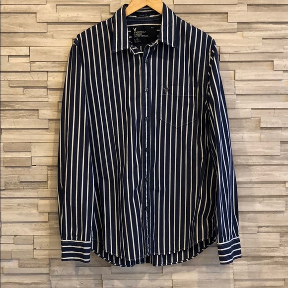 AE Men’s Casual Button Up in Dark Blue Stripes, Lg
